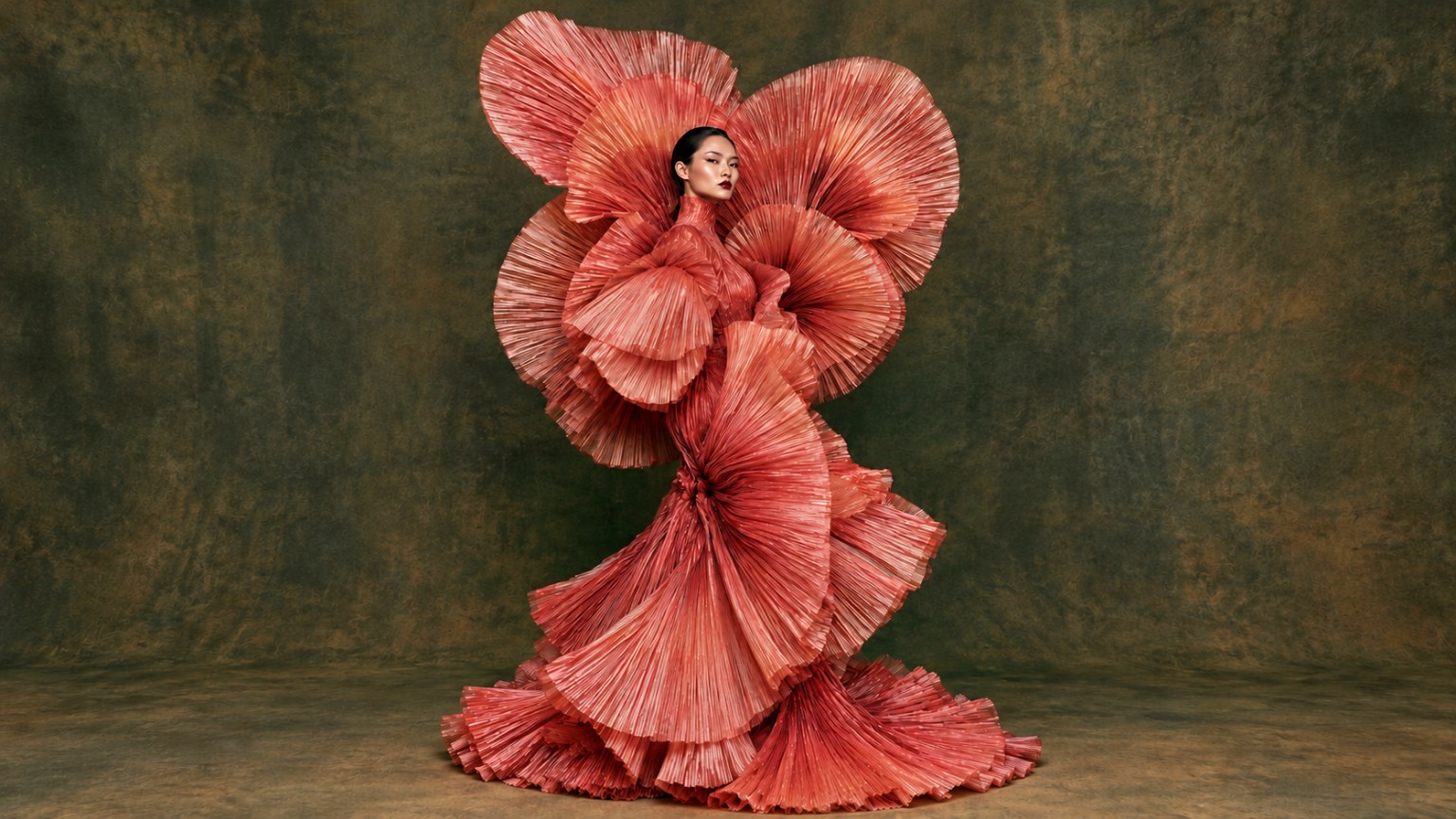 Sculptural coral couture with sweeping pleated forms against an olive studio backdrop
