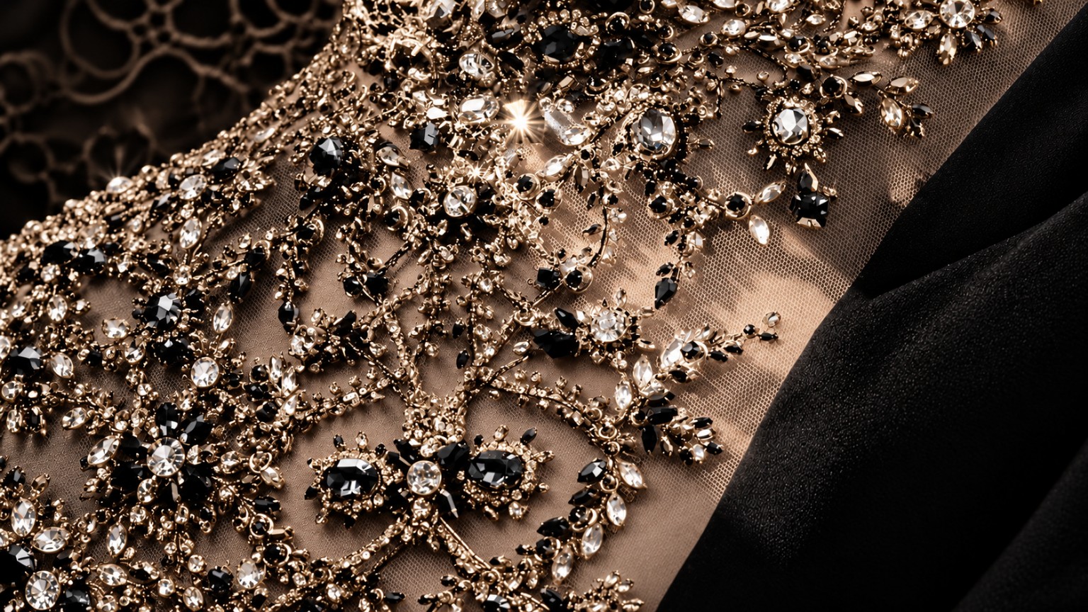 Champagne and black crystal couture embellishment on sheer tulle